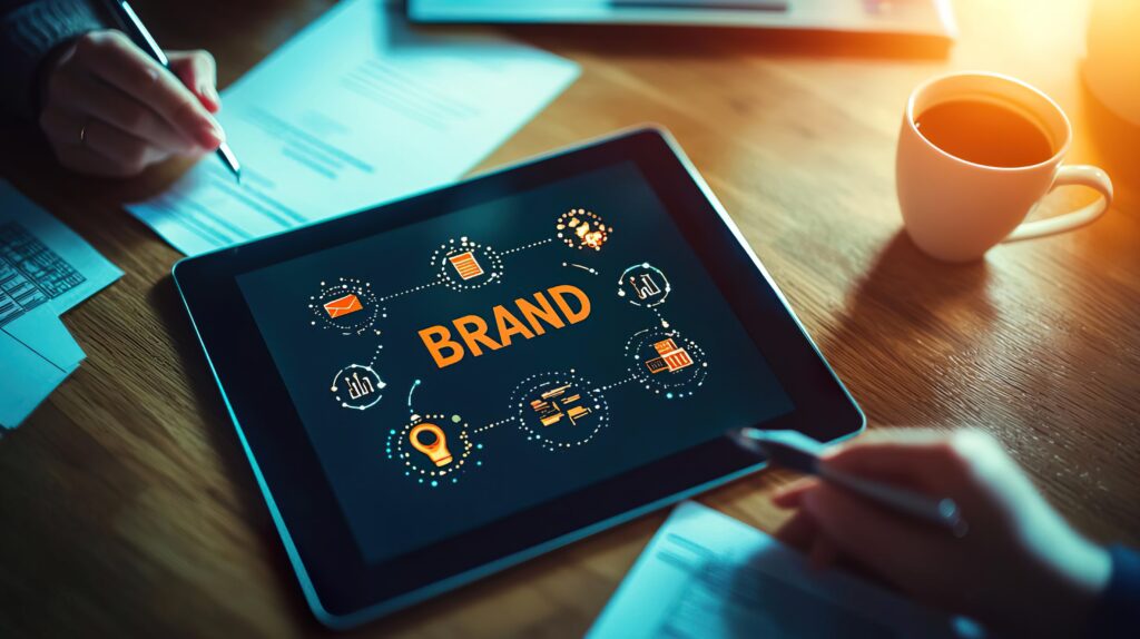 Tablet displaying brand strategy concepts with hands and documents in a modern workspace, highlighting teamwork and creativity.