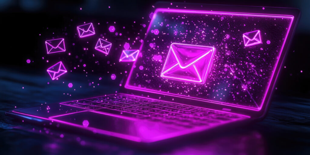 A laptop screen is awash with a flurry of colorful email icons, symbolizing the rapid flow of information and the constant connectivity of the digital age