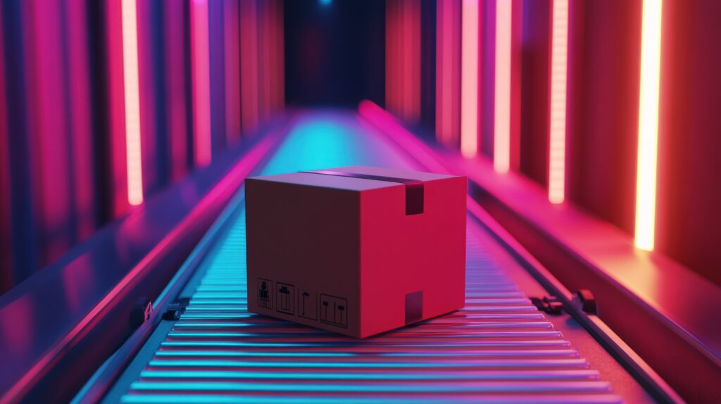 Neon Package Delivery System: Futuristic Conveyor Belt with a Cardboard Box